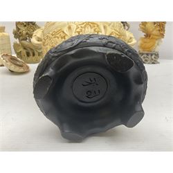 Collection of hardstone and soapstone, including hardstone seal carved temple dogs finial, inscription on base, together with inkwells, vases etc  