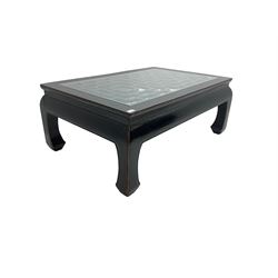 Chinese ebonised rectangular coffee table, inset glass top over pierced geometric fretwork, raised on shaped supports