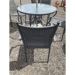 Grey aluminium circular glass top garden table, and four chairs with parasol on granite base - THIS LOT IS TO BE COLLECTED BY APPOINTMENT FROM DUGGLEBY STORAGE, GREAT HILL, EASTFIELD, SCARBOROUGH, YO11 3TX