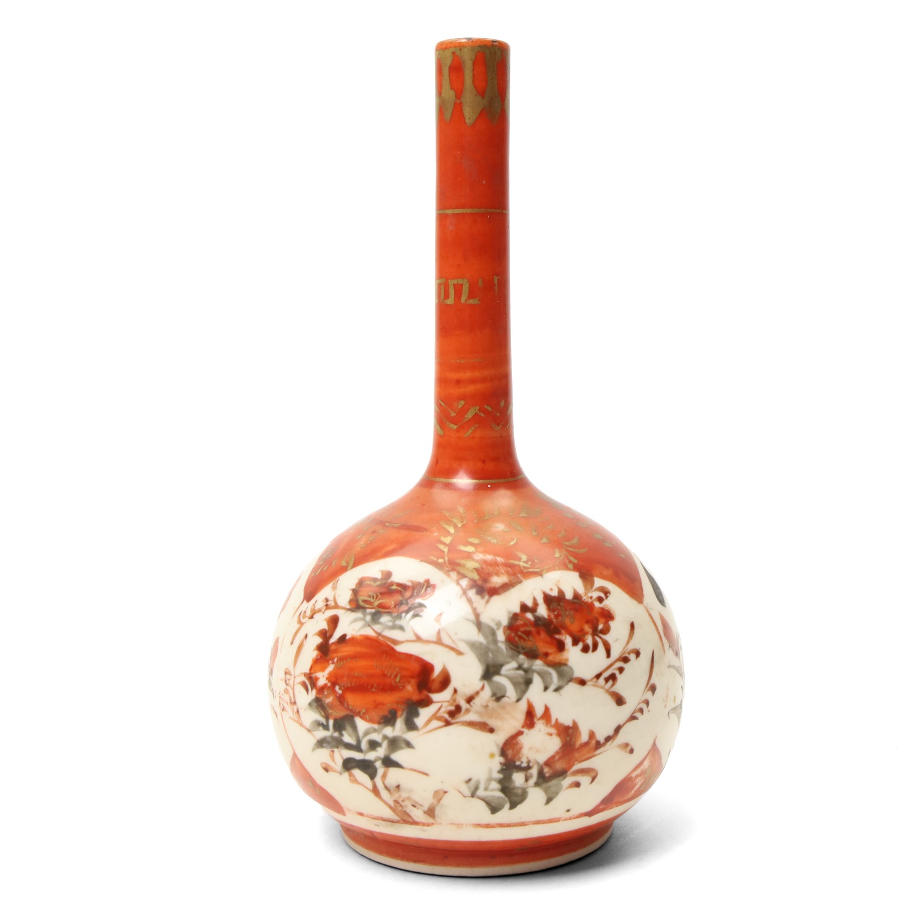 Chinese painted vase, together with a Japanese porcelain double gourd vase and a bottle vase, larger H16cm; together with a set of green stone rings (7)