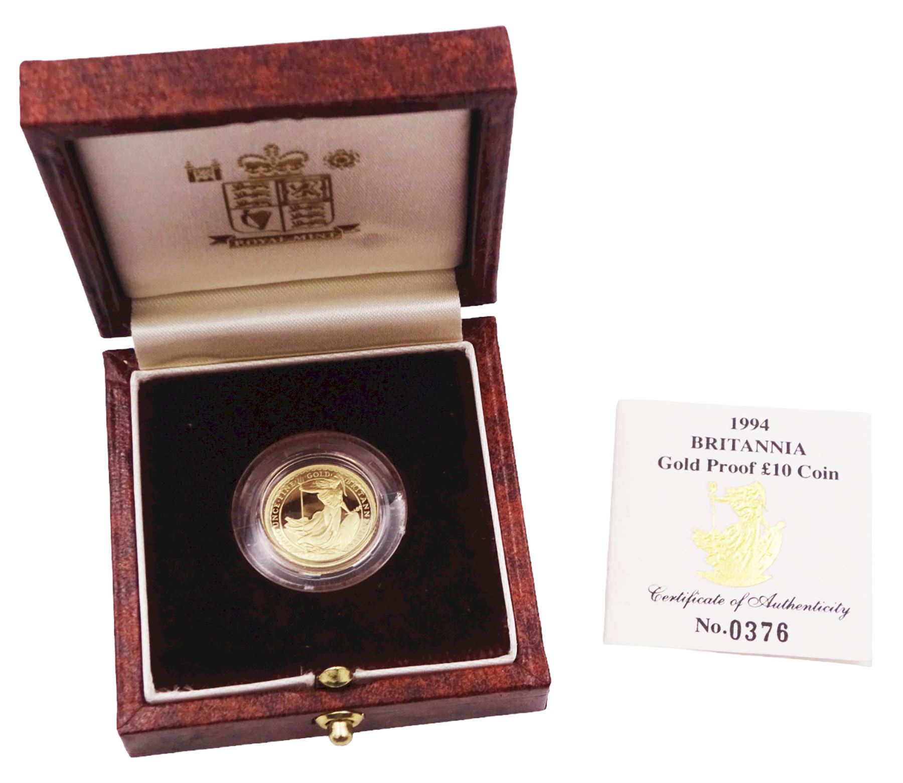 Queen Elizabeth II 1994 gold proof 1/10 ounce Britannia coin, cased with certificate