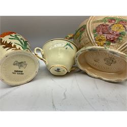 Group of ceramics to include Art Deco examples, Arthur Wood twin handled vase decorated in the Garden Wall pattern, Art Deco style Coalport twin handled lidded sucrier and saucer, Mason's Applique jug (scratch through mark), Royal Doulton Minden bowl and jug, Copeland Spode Royal Jasmine jug, Crown Devon, etc