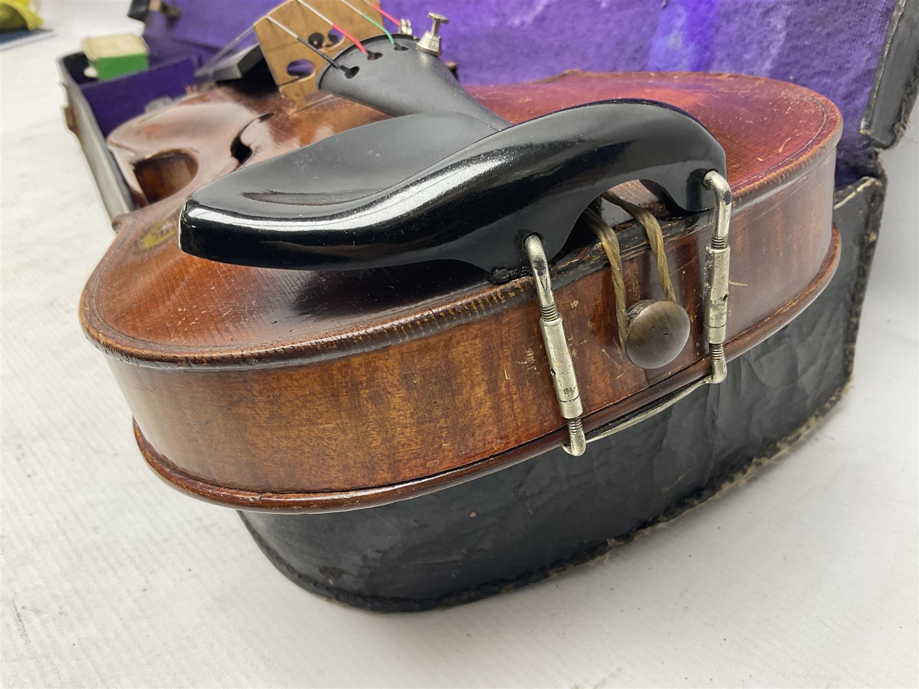 German trade violin c1900 the 36cm two-piece maple back impressed 'Stainer', maple ribs and spruce top, bears label 'Jacobis Stainer in Absam prope Oenipontum 17**' L59cm; in carrying case marked 'The Improved Dome' with bow