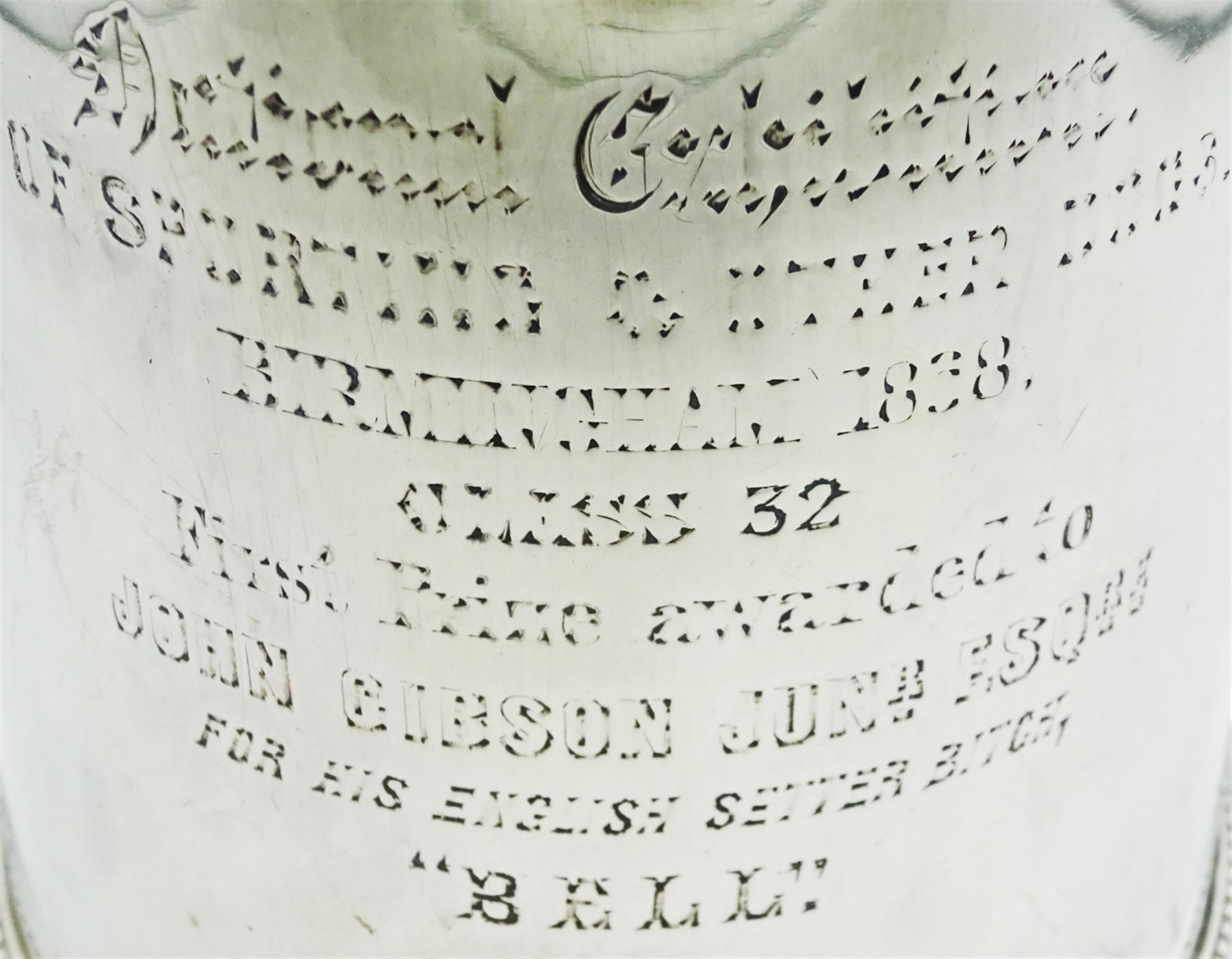 Victorian silver tankard of slightly tapering cylindrical form with engraved dedication to body, and angular scroll handle, upon a flared foot with beaded border, hallmarked Birmingham 1868, H14cm, approximate weight 13.76 ozt (428.2 grams)
