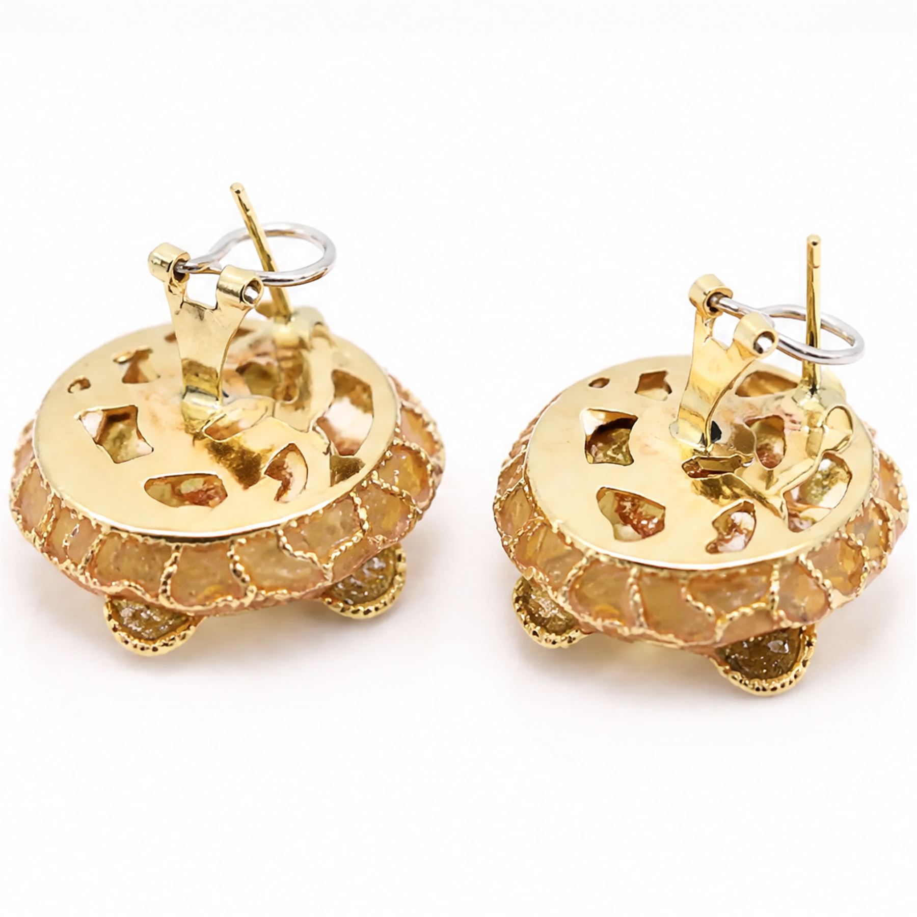 Pair of 18ct gold plique-à-jour earrings, each circular stud with yellow and gold glitter plique-à-jour decoration, some raised within a beaded and rope twist framework, stamped 750