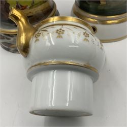 Two 19th century continental teapots and warmers, each teapot upon a cylindrical warming base, hand printed with seascapes, largest H22cm 