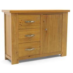 Contemporary pine side cabinet, rectangular top with moulded edge, fitted with three drawe...