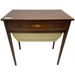 Edwardian Revival mahogany and satinwood banded sewing or work table, fitted with single drawer over upholstered sliding storage well, inlaid with extending floral decoration, on square tapering supports 
