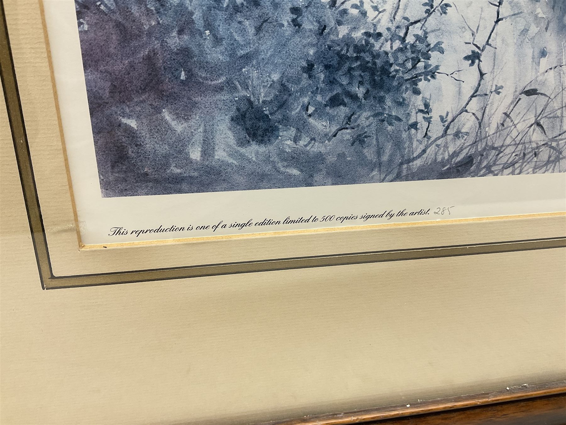 Five limited edition framed coloured prints of shooting interest comprising after C. Stanley Todd game birds taking flight in a mountainous lake landscape no.348/600; after J.C. Harrison game birds in flight over fields no.285/500; after Alan B. Hayman  'A Right and Left?' no.398/850; after Andy Beck 'Pheasant Drive' no.56/350; and after Leo Stans 'Autumn Air'; all signed on the mount; various frames (5)