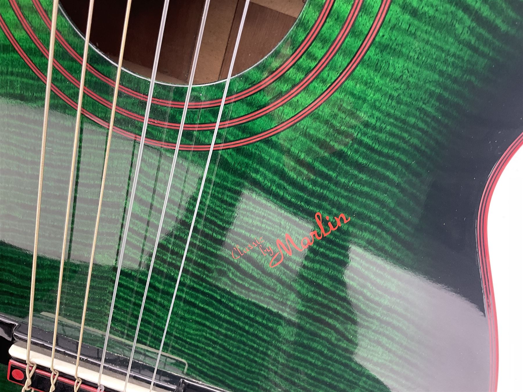 Marlin Classic acoustic guitar model MC1 in green and red L100cm; in simulated reptile skin hard carrying case
