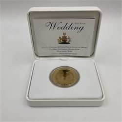 Queen Elizabeth II 2011 gold plated silver five pound coin, commemorating 'The Royal Wedding of Prince William Arthur Philip Louis of Wales to Miss Catherine Middleton', cased with certificate 