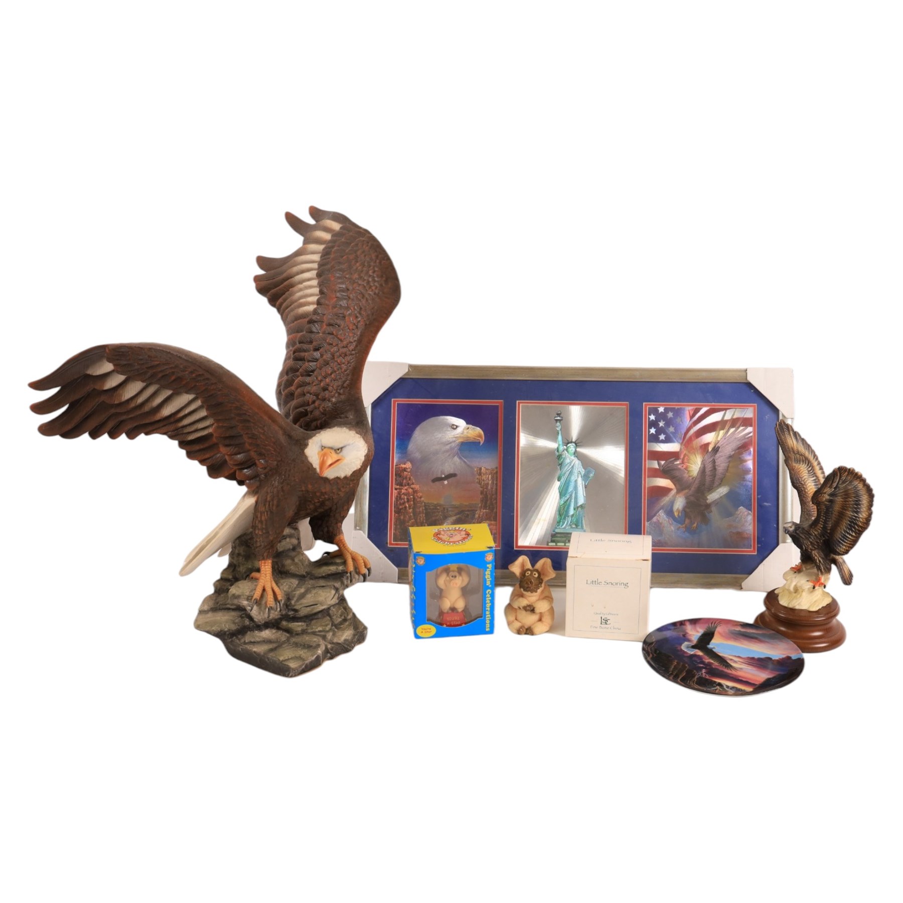 Limited Edition 'The Majestic Bald Eagle' by Ronald Van Ruyckevelt, Franklin Mint American Glory eagle figure by Ronald Van Reuykebelt, metallic bald eagle American montage and other eagle collectables, in one box