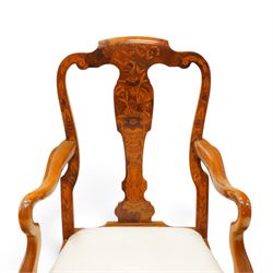 Set of eight (6+2) Dutch design walnut and floral marquetry dining chairs, the high backs with shaped cresting rail over a vasiform splat inlaid with Neoclassical urns and bouquets of foliage and bellflowers, ivory upholstered drop-in seat over scallop shell inlaid apron and cabriole supports with pad feet