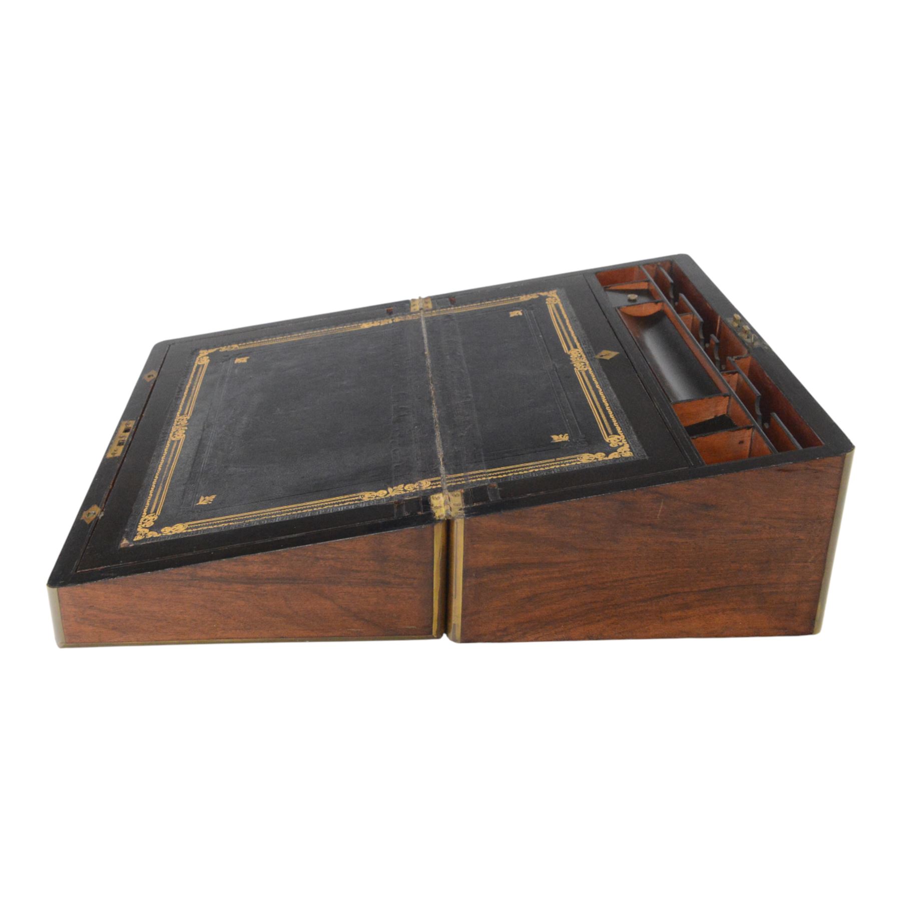 19th century rosewood writing slope, of rectangular form, the hinged cover and front with inlaid foliate engraved brass corner panels, and inlaid marquetry and brass diamond borders, the cover with foliate engraved and named central plaque, opening to reveal a fitted and compartmented interior with gilt tooled black leather slope, H21cm W50cm D28.5cm