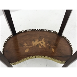  Mid to late 20th century French style kidney shaped side table, marble top with gilt metal gallery, single drawer, cabriole supports connected by undertier with inlay, gilt metal mounts and fittings, W44cm, H72cm  