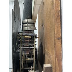 Etherington of Driffield - Rare three-train late 18th century 30-hour longcase clock in an oak case, flat topped hood with dentil moulding and blind fret, break arch hood door with attached pillars, trunk with a conforming door on a deep stepped plinth with shaped base, dial with a fully painted  arch and scroll spandrels in raised gesso, an unusual and rare dial having separate dials for the hours and minutes, dial inscribed 