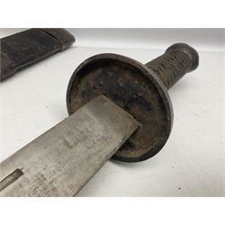 Chinese Boxer Rebellion Period Sword, 69.5cm heavy curved single edge blade with single narrow fuller, plain iron dished circular guard, iron pommel and ferrule with plaited cord bound grip; in skin covered wooden scabbard with iron chape and long suspension mount L95cm overall