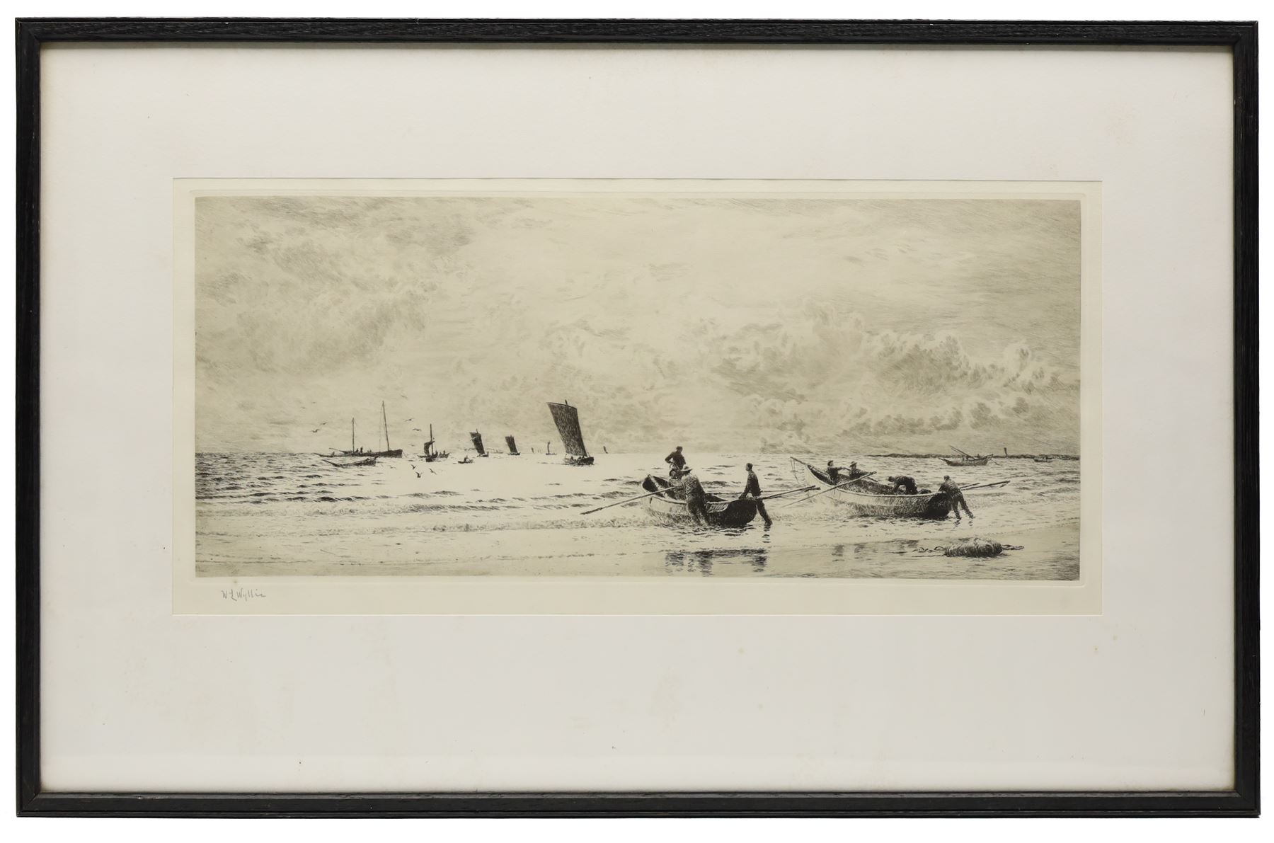 William Lionel Wyllie RA RWS (British 1851-1931): Cobles at Newbiggin - Northumberland, drypoint etching signed in pencil 21cm x 49cm