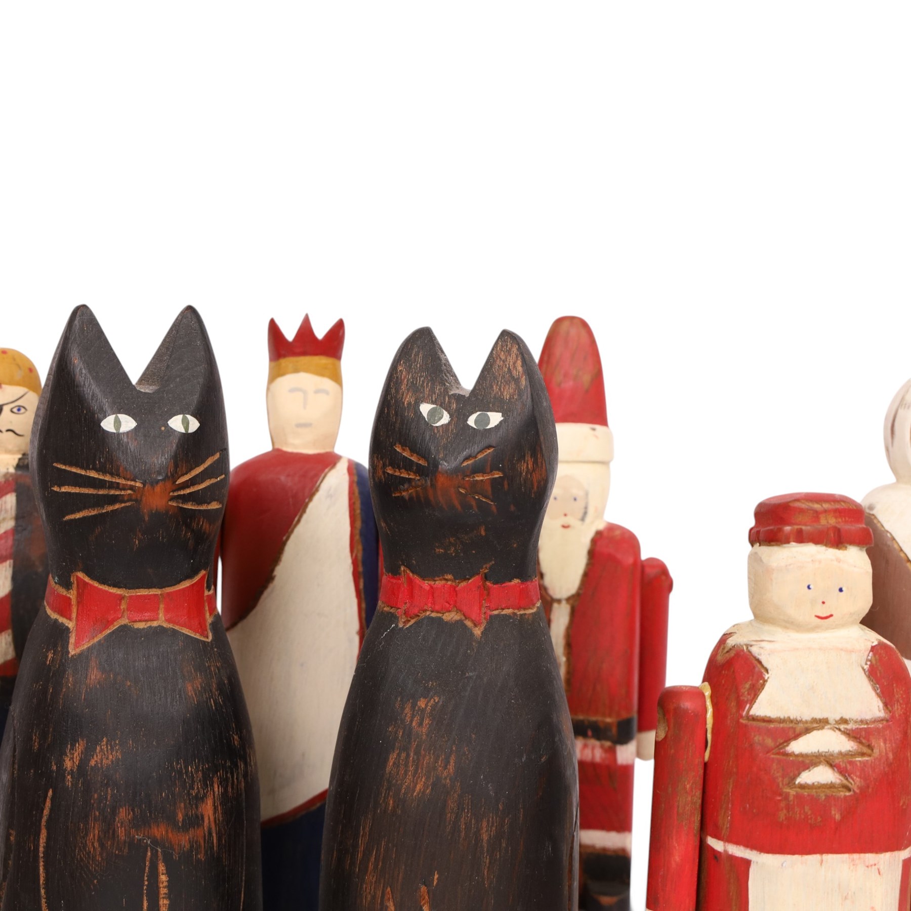 American Folk art figures, by Wolf Creek, comprising two cats, Father Christmas, Mrs Clause, Pirate and three others, with stamps and signatures beneath     