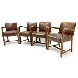 Set four mid century oak framed boardroom chairs, upholstered back and seat, shaped arms, square tapering supports joined by stretchers 