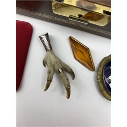 Vintage and later costume jewellery comprising a Brid's claw brooch with silver-plated mounts, micro mosaic circular brooch, Cameo brooch, a ladies gilt brass pocket watch, early 20th century Chinese carved ivory brooch and other items of jewellery contained in a modern jewellery box 