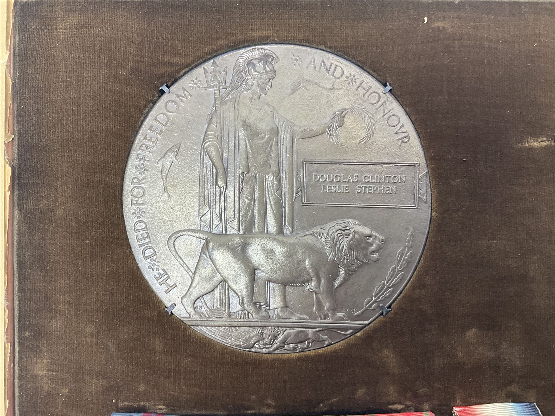DOW Eure-et-Loir group of seven Boer War/WW1 medals comprising Queens South Africa Medal with three clasps for Cape Colony, Transvaal and Wittebergen, Kings South Africa Medal with two clasps for South Africa 1901 and South Africa 1902, Turkish Liakat Medal, George V Coronation Medal, 1914 Star with 5th Aug.-22nd Nov. 1914 bar, British War Medal and Victory Medal awarded to Captain Douglas Leslie Stephen Grenadier Guards; group of four Boer War and 1911 Coronation miniature medals; all with ribbons and later mounted and framed with his bronze memorial plaque;  together with Cecil Cutler (active 1886-1934) heightened watercolour three-quarter length portrait of Douglas in uniform, signed and dated 1915, 52 x 35cm; gilt frame; Auctioneers Note: Douglas was the elder brother of Albert Alexander Leslie Stephen (see previous lot) and died of wounds on 10th September 1914 in France.