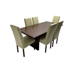 Oak rectangular dining table (W180cm D90cm H78cm); and set six high back dining chairs, upholstered in cream faux leather, raised on square tapering supports