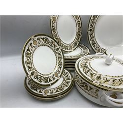 Royal Worcester Windsor pattern part tea and dinner service, comprising nine dinner plates, nine side plates, nine dessert plates, six coffee cans and saucers, sauce boat and plate, two covered tureens, oval dish and serving platter (35)