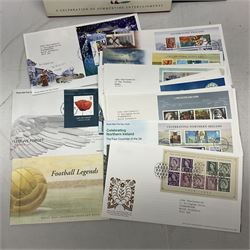 Stamps including Great British Queen Elizabeth II Royal Mail first day covers mostly with special postmarks, various mint pre and post decimal mint stamps, Isle of Man TT100 book by Mick Duckworth complete with stamps, World stamps etc, housed in various albums/folders and loose, in one box