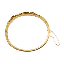 Edwardian 9ct gold blue stone and diamond chip hinged bangle, Chester 1909