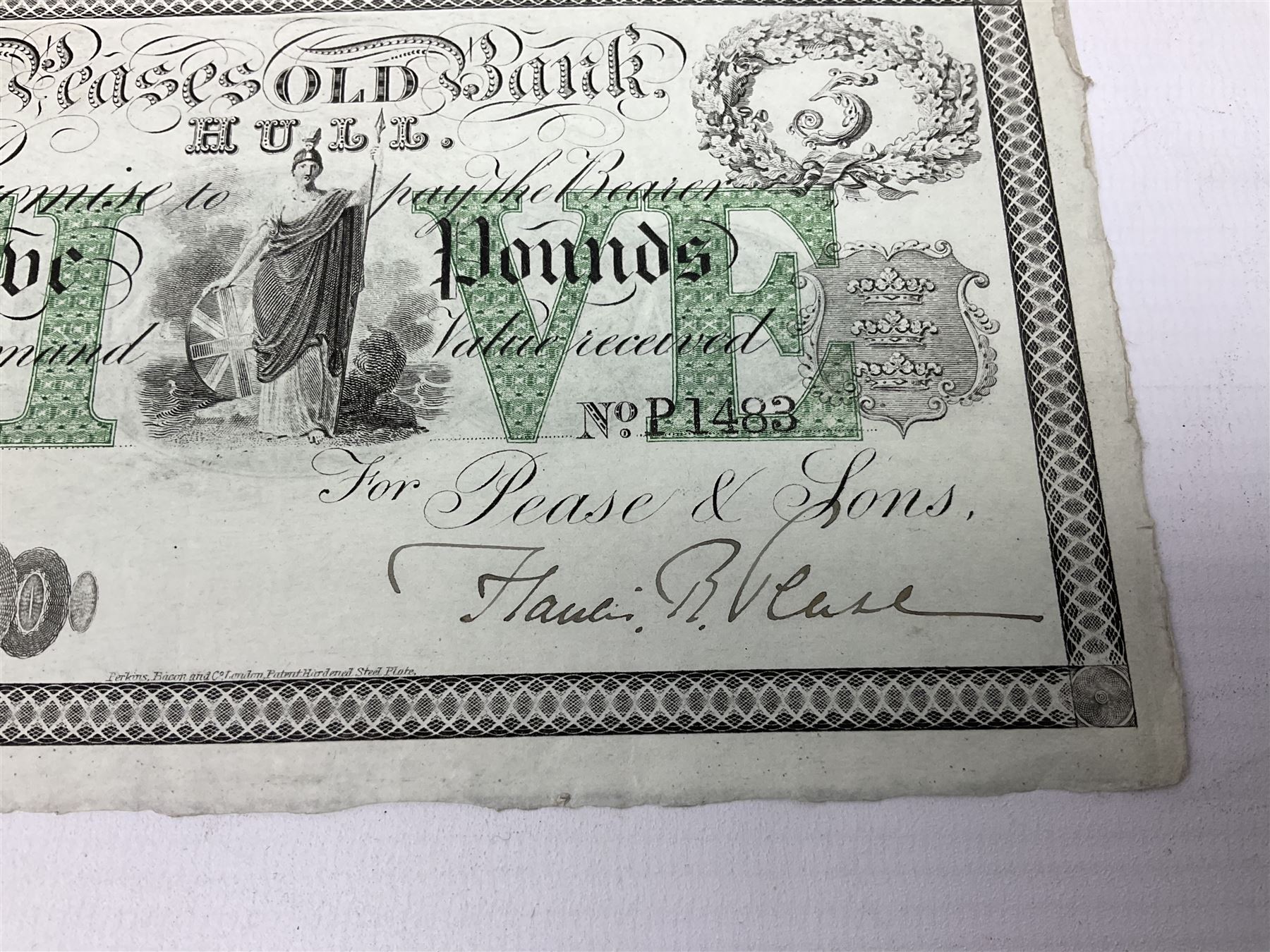 Pease's Old Bank Hull, five pounds banknote for Pease & Sons, numbered P1483, with 'Peases Old Bank, Hull' to the reverse