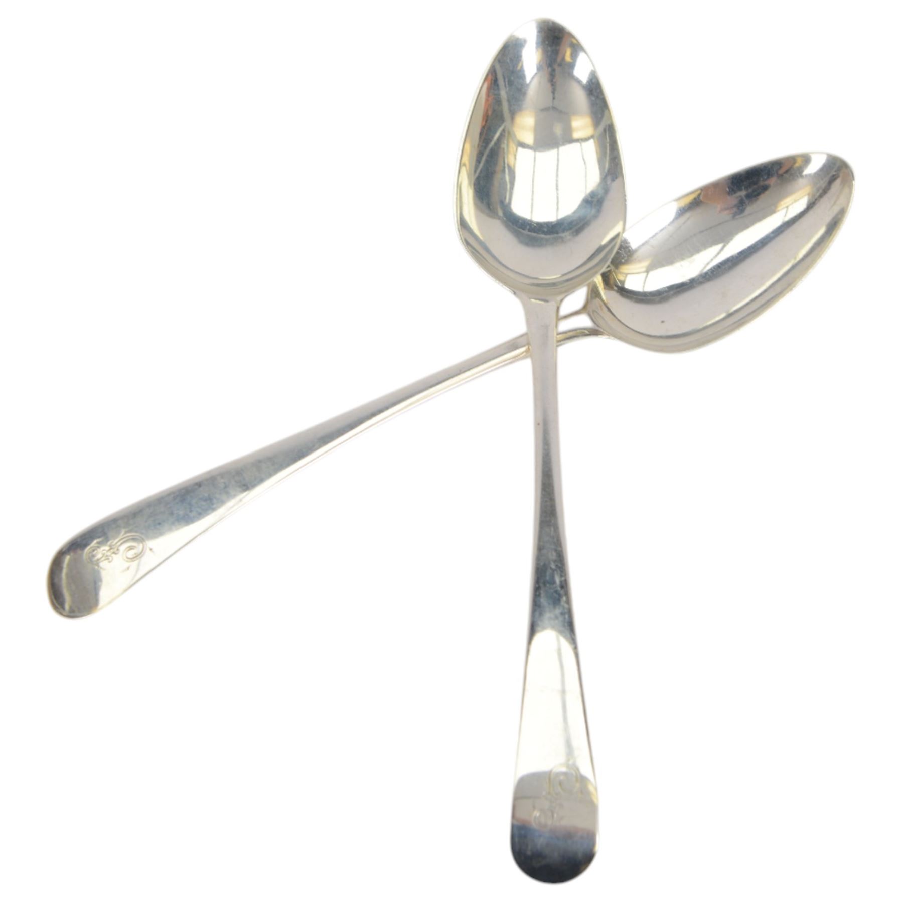 Pair of George III silver Old English pattern table spoons, with engraved initials to terminal, hallmarked Hester Bateman, London 1788