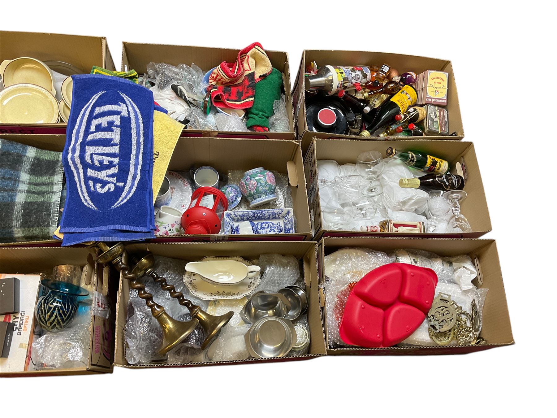 Collectables including breweriana, horse brasses, ceramics etc in eleven boxes  