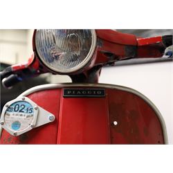 1979 Piaggio Vespa 200 Scooter

• Registration: TVY 25T
• Date of first registration: 1979
• Engine: 197cc petrol
• Odometer reading: 9,960 miles
• Colour: Red
• V5C: Present
• Keys: One

A 1979 Piaggio Vespa 200, registered TVY 25T and finished in red. Powered by a 197cc petrol engine, the scooter displays 9,960 miles on its Veglia Borletti odometer, although this mileage has not been independently verified.

The Vespa 200 is one of the larger-capacity models in the classic Vespa range, combining the marque’s distinctive pressed-steel construction with a practical 197cc engine and traditional handlebar gear change.

This example is presented in largely original and unrestored condition, retaining its period bodywork, Piaggio and Vespa badging, original-style controls and Yankee-branded dual seat.

The scooter shows extensive age-related wear throughout, including paint loss, scratches, surface corrosion and deterioration to the bodywork, including a perforation to the inner legshield.

This vehicle forms part of the Estate of the Late John Sills and is offered for sale by the Executors, confirming a genuine reason for sale.