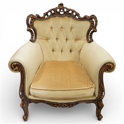 Late 19th century style carved hardwood armchair, the openwork crest rail with scrolling a...