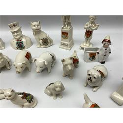 Collection of figural crested ware, to include Carlton Chins John Bull Alnwick, Clifton China Cheshire Cat,  Arcadia pig, Crafton crawling baby and another seated baby, quantity of cat, dog and pig figures, two Willow Art Model of Bunyans Statue, Toby jug, Victoria China, Arcadan bulldog, fish etc
