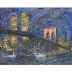Lucien Dulfan (Russian/American 1942-): Moonlit Cityscape with the Twin Towers, mixed medi...