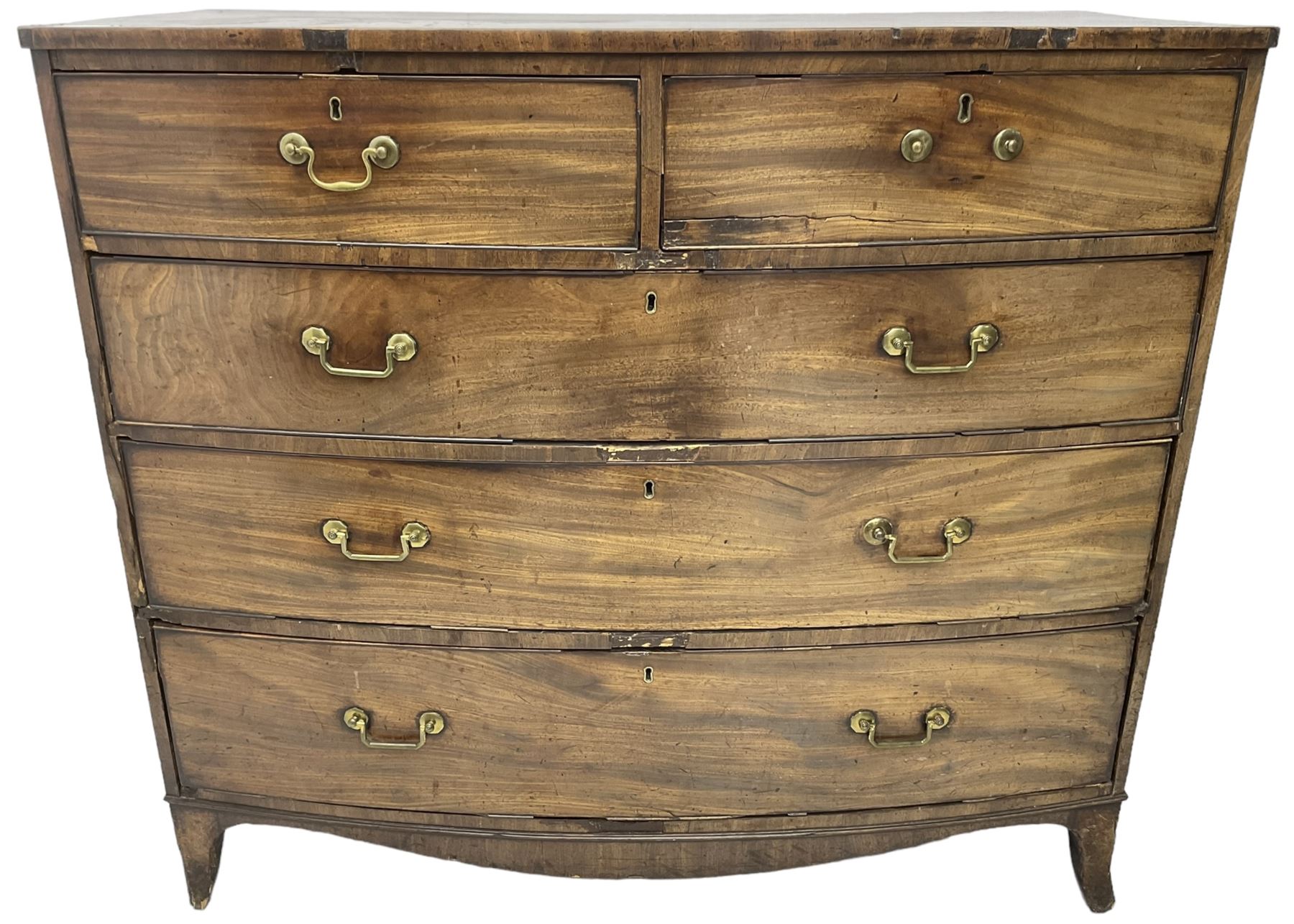 Early 19th century mahogany bow-front chest, fitted with two short over three long cock-beaded drawers, on splayed feet