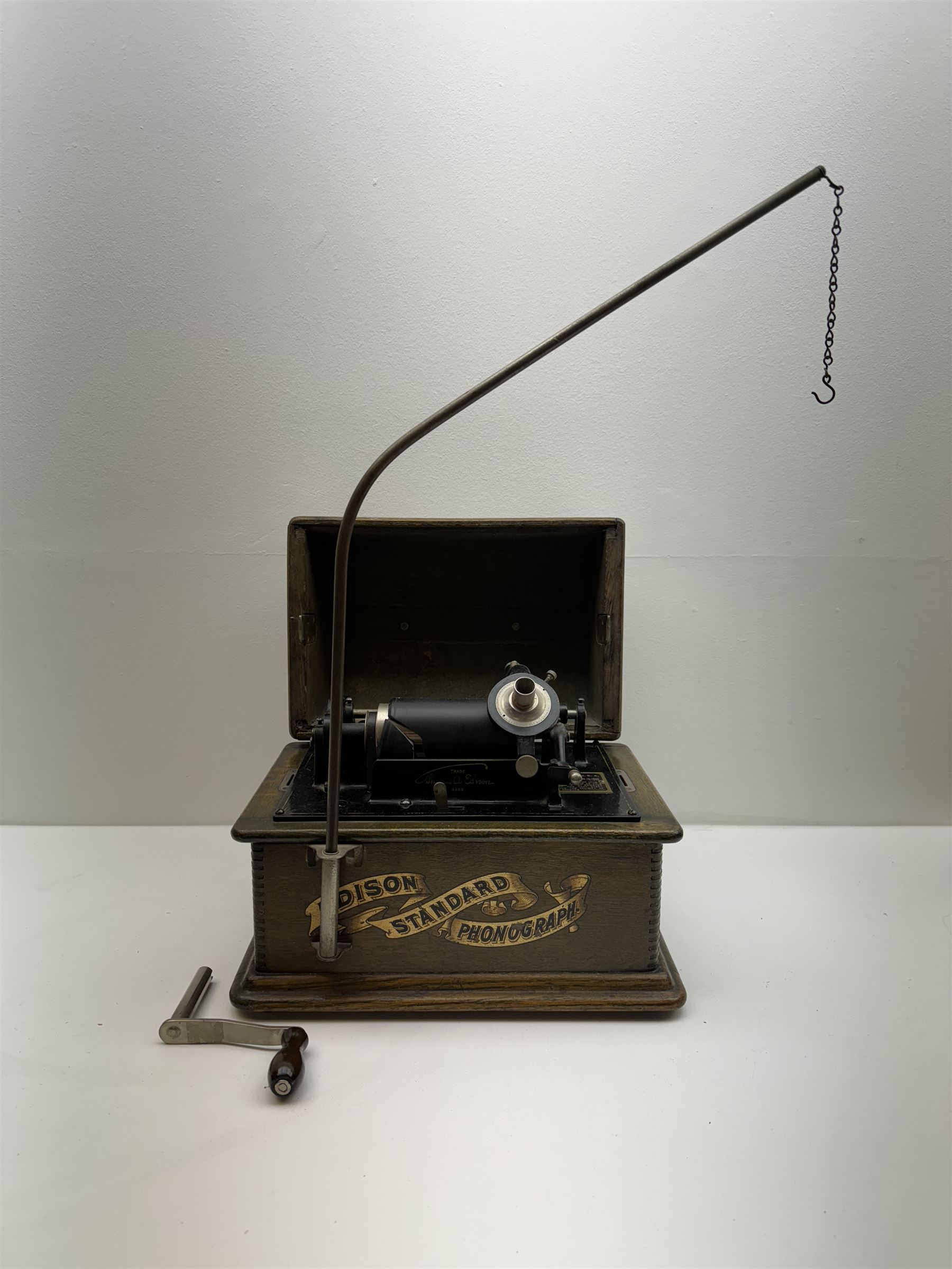 Early 20th century Edison Standard phonograph, with lift-off oak cover, Serial No S160855, brass horn, W25cm