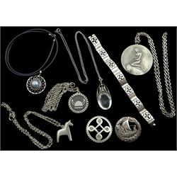 Danish pewter jewellery by Jorgen Jensen including 'Little Mermaid' pendant necklace and a horned helmet pendant necklace, both stamped, Scottish silver Viking long ship brooch, silver Celtic design brooch, both hallmarked and a collection of other silver and pewter jewellery