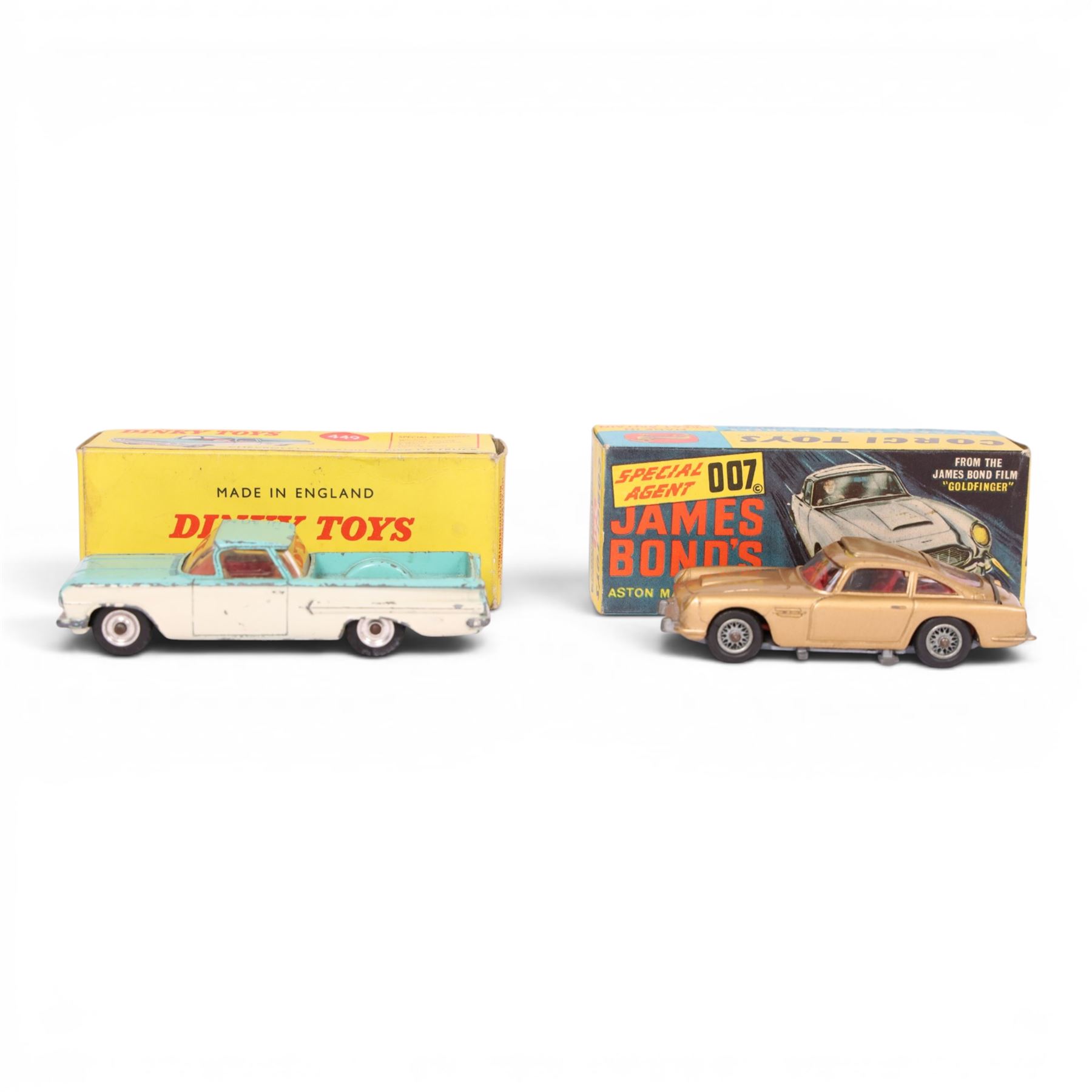 Corgi and Dinky diecast vehicles, comprising Corgi Toys no. 261 James Bond Aston Martin DB5, no. 1105 Carrimore Car Transporter, no. 229 Chevrolet Corvair and Man from UNCLE Oldsmobile Super 88, Dinky Toys no. 449 Chevrolet El Camino Pick Up Truck and Lady Penelope's Fab 1, four boxed
