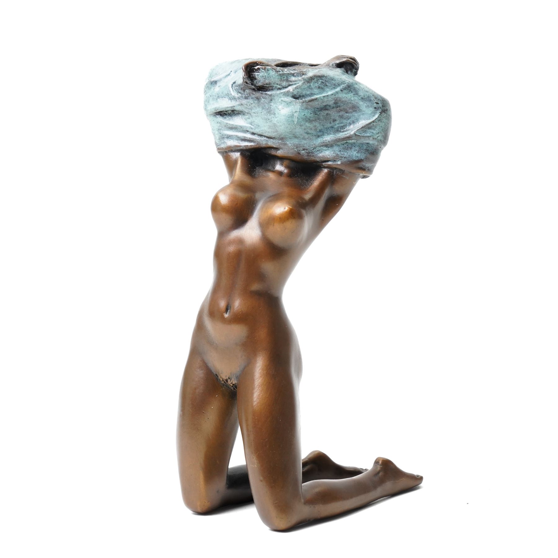 Bronze figure of a kneeling nude removing her shirt, signed 'Milo', H17cm