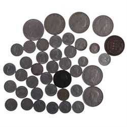 Approximately 16 grams of Great British pre-1920 and approximately 160 grams of pre-1947 silver coins, together with further pre-decimal coins, a Guernsey 1868 eight doubles, and an Ireland George III 1769 half penny