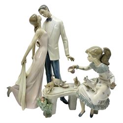 Two Lladro figure groups, Happy Anniversary no 6475 and Meal Time no 6109, largest H32cm
