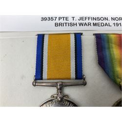 WWI pair of medals comprising British War Medal and Victory Medal awarded to 39357 Pte. T. Jeffinson Northumberland Fusiliers; both with ribbons (2)