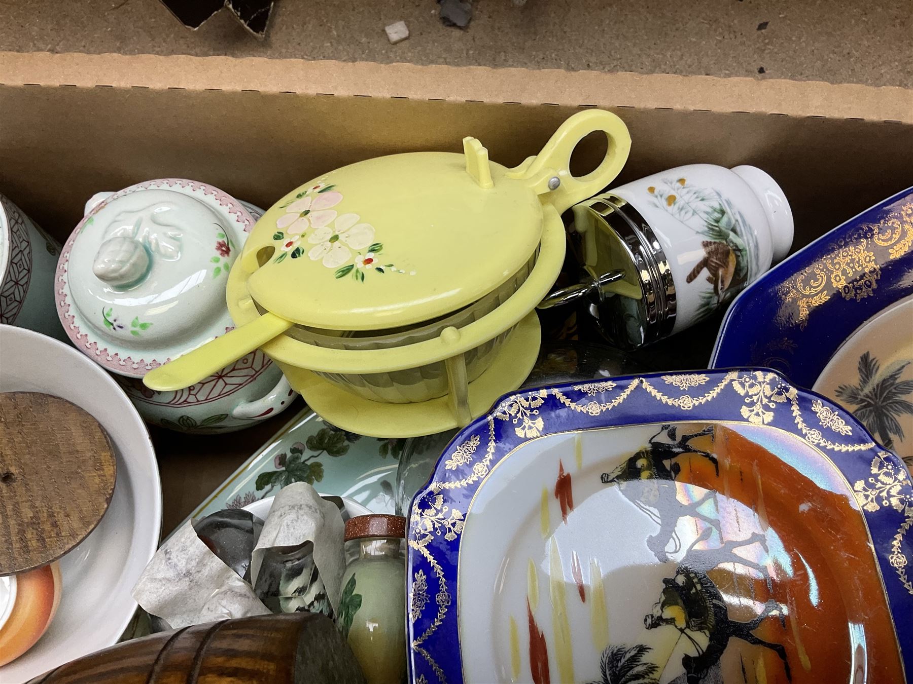 Four glass snuff bottles, together with assorted ceramics, including Carlton Ware cruet set,  in the form of a lady wearing a crinoline dress, Adams Calyx ware Singapore bird covered sucrier, etc  