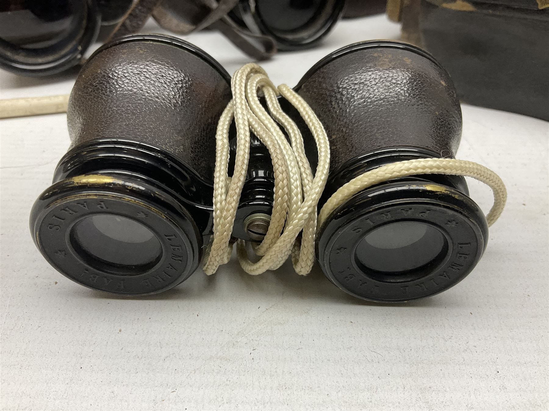 Pair of Lemaire Fabi of Paris mother of pearl opera glasses, together with Ajax 10 x 50 Ajax binoculars, four wooden planes, mining lamp and clay pipe 