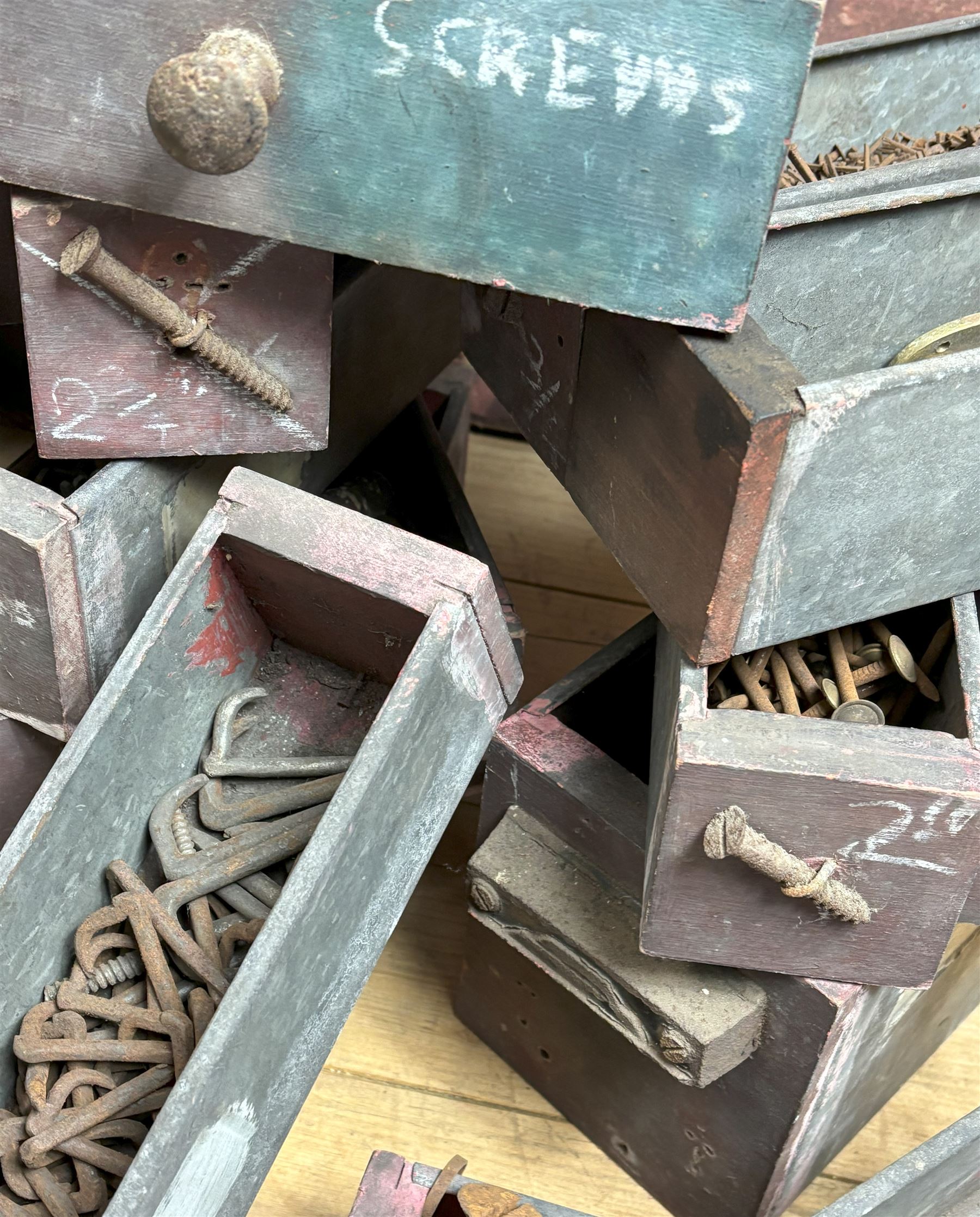 Collection of galvanised metal and wood workshop parts drawers and contents, early / mid 20th century.  - COLLECTION BY APPOINTMENT FROM: The White House, Thirsk Road, Easingwold, York, YO61 3NF - CALL 01723 507111 TO ARRANGE
