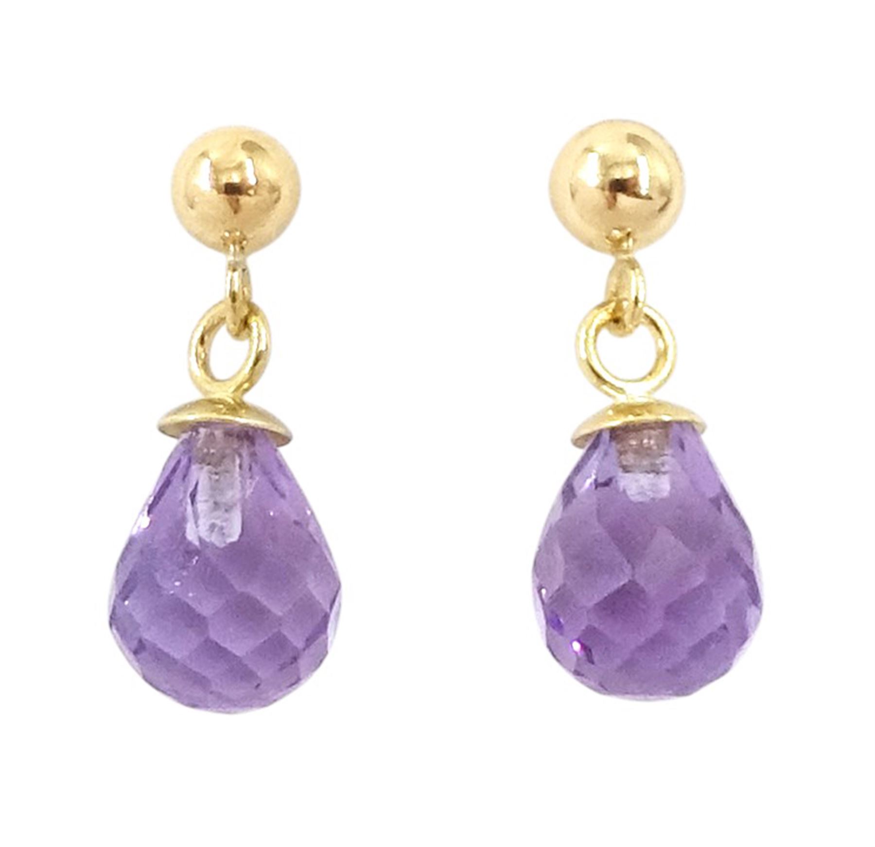 Pair of 9ct gold amethyst pendant earrings, each stud set with a single briolette cut amethyst, stamped 375