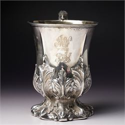 Victorian silver cup with acanthus leaf decoration and scroll handle, H12cm with retailers mark of J Mayer, Liverpool Sheffield 1851Maker Henry Wilkinson & Co